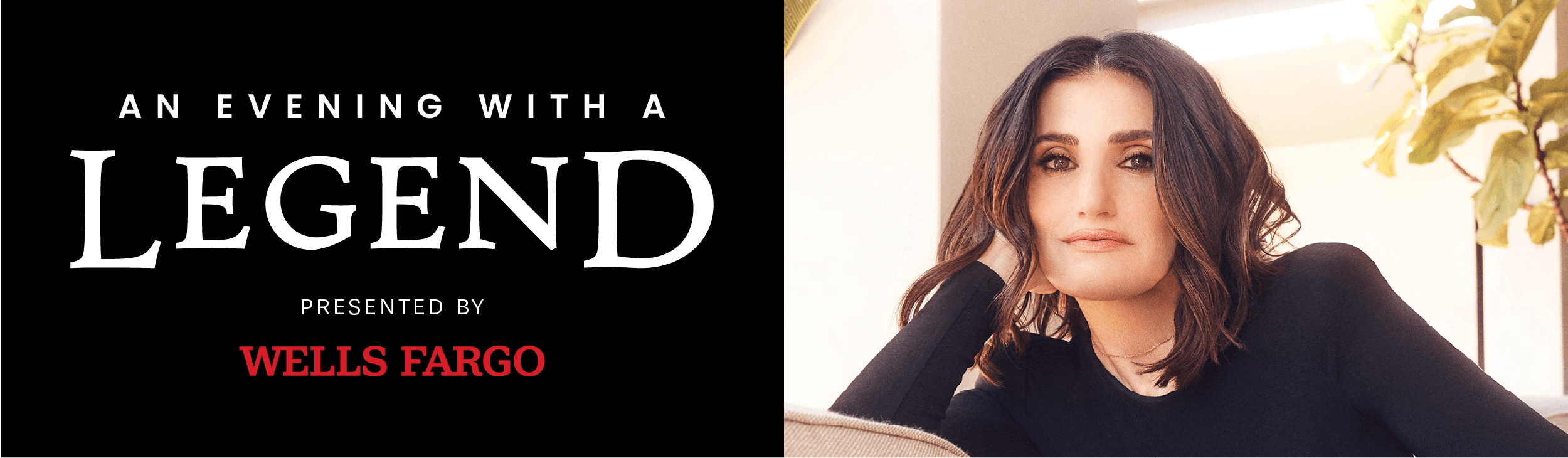 Left half of image is the Evening with a Legend logo in white font on a black background, and the right half is an image of Idina Menzel