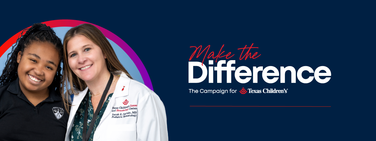 Texas Children's Hospital Make The Difference logo on the right, and on the left, two smiling female practitioners in medical clothing